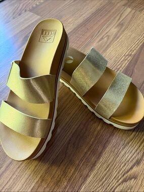 Reef Women's Gold Metallic Double Strap Slide Sandals